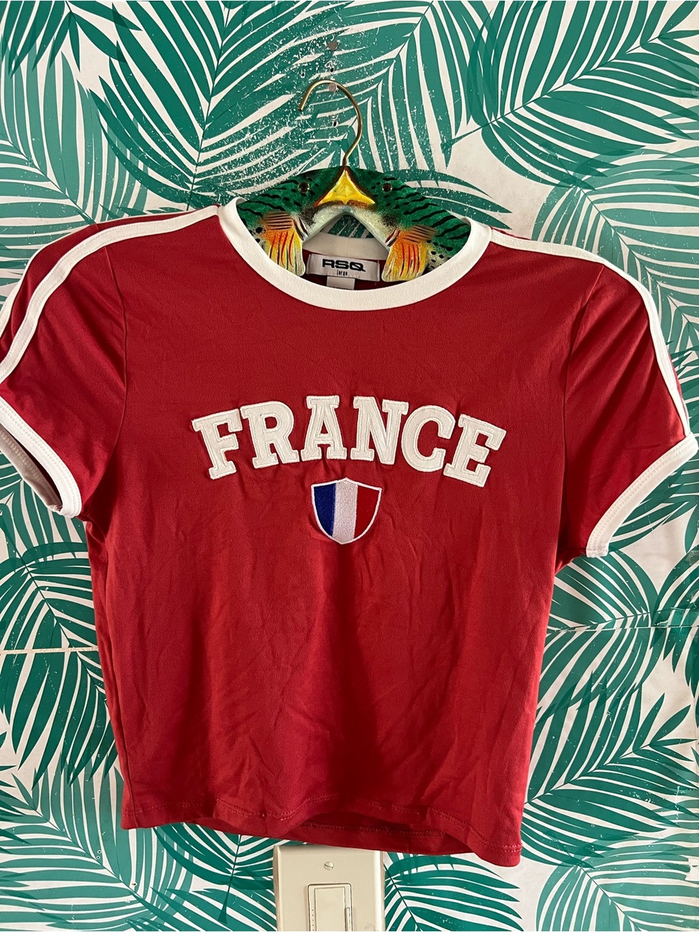 RSQ Red Short Sleeve 'FRANCE' Ringer Tee with White Trim cropped sz L